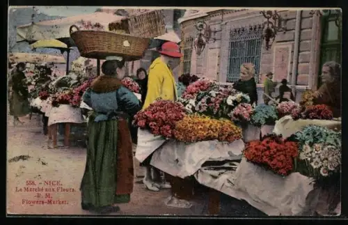 AK Nizza / Nice, Le Marche aux Fleurs, Blumenhändlerin verhandelt mit Kundin
