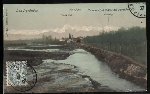 AK Tarbes, Les Pyrénées, L`Adour et la chaîne des Pyrénées, Pic du Midi, Montaigu
