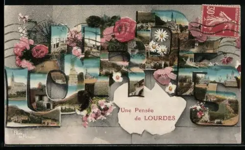 AK Lourdes, Kirche, Denkmal, Ortspartie