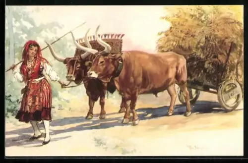 AK Junge Frau in portugiesischer Tracht mit Ochsengespann