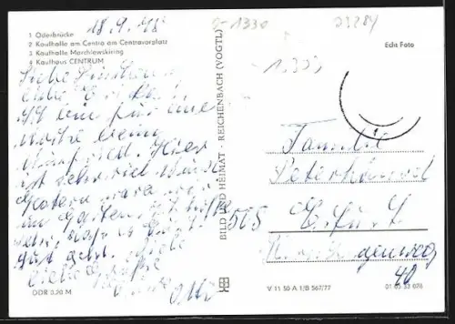 AK Schwedt /Oder, Kaufhaus Centrum, Kaufhalle am Centra am Centravorplatz, Kaufhalle Marchlewskiring