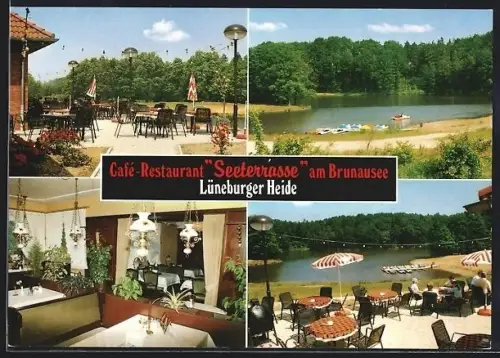 AK Bispingen /Lüneburger Heide, Café Restaurant Seeterrasse am Brunausee, Interieur, Exterieur und Seepartie