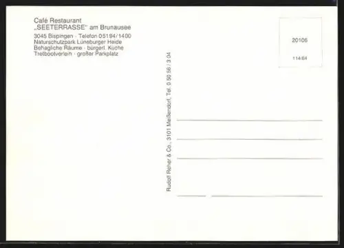 AK Bispingen /Lüneburger Heide, Café Restaurant Seeterrasse am Brunausee, Interieur, Exterieur und Seepartie