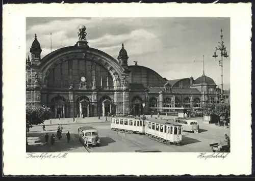 AK Frankfurt a. M., Haupt-Bahnhof und Strassenbahnen