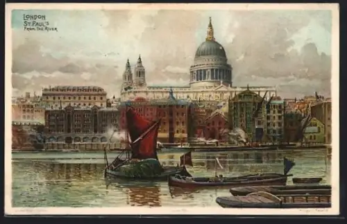 Künstler-AK London, St. Paul`s from the river Thames, barges on the river
