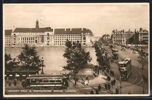 AK London, County Hall & Westminster Bridge, Strassenbahn