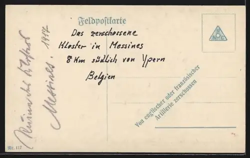 AK Messines, Kloster, Ruine 1917