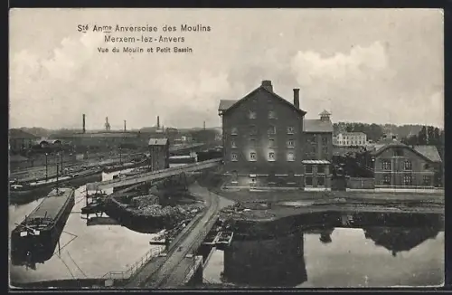 AK Merxem-lez-Anvers, Sté Anme Anversoise des Moulins, Vue du Moulin et Petit Bassin