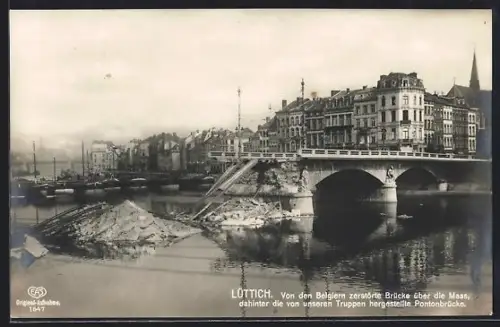 AK Lüttich, Von den Belgiern zerstörte Brücke über die Maas, dahinter die Pontonbrücke
