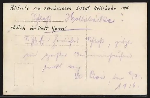Foto-AK Hollebeke, Der Rest vom Schloss Hollebeke 1916, Rückseite