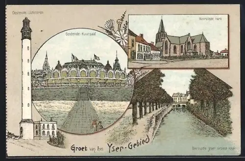 Künstler-AK Oostende /Yser, Kursaal, Moorslede-kerk, Lichttoren