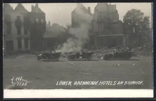 AK Löwen, Brennende Hotels am Bahnhof