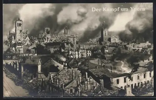 AK Ypern, Der Kampf um die Stadt, Teilansicht mit brennendem Haus