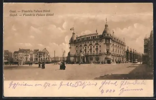 AK Gand, Flandria Palace Hôtel, Strassenbahn
