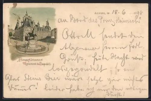 Lithographie Anvers, Banque Nationale et Monument de Leopold I.
