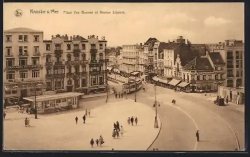AK Knocke-s-Mer, Place Van Bunnen et Avenue Lippens, Strassenbahn