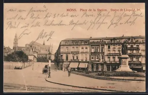 AK Mons, Place de la Station et Statue de Léopold Ier