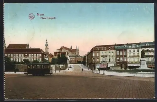 AK Mons, Place Léopold, Strassenbahn