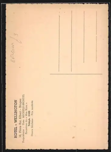 AK Bruges, Hotel Wellington, 18 Place Roi Albert, Propr. Théo Michiels-Brondel