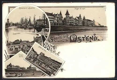 Lithographie Ostende, Digue de mer, Bassins et Station, Hôtel de ville, Palais du roi