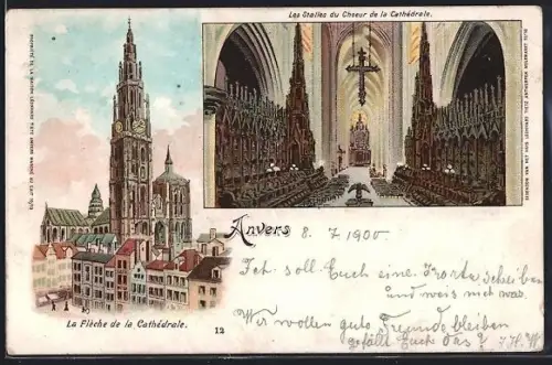 Lithographie Anvers, La Flèche de la Cathédrale, Les Stalles du Choeur