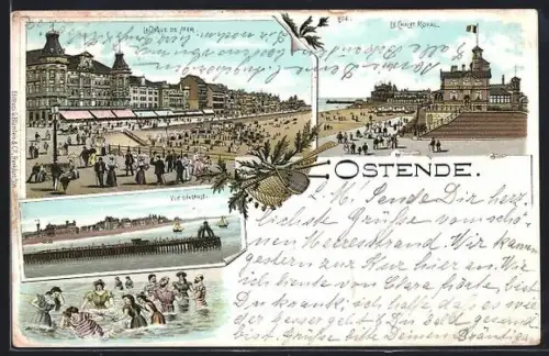 Lithographie Ostende, La Digue de mer, Le Chalet Royal, Vue générale