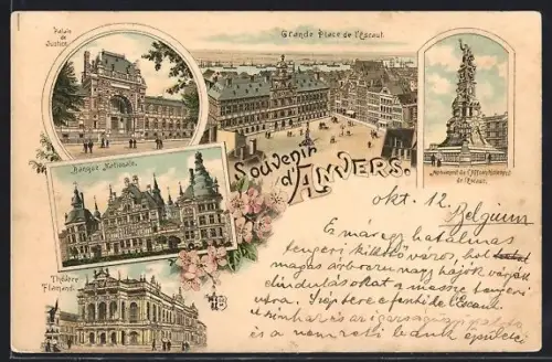 Lithographie Anvers, Grand Place de l`Escaut, Palais de Justice, Banque Nationale