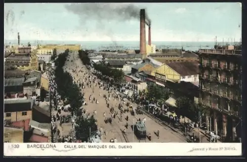 AK Barcelona, Calle del Marqués del Duero, Strassenpartie mit Strassenbahn