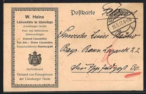 AK Schneverdingen-Lünzen, W. Heino Lünzmühle, Versand von Erzeugnissen der Lüneburger Heide