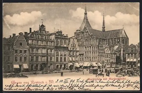 AK Rostock i. M., Marktplatz mit Marienkirche