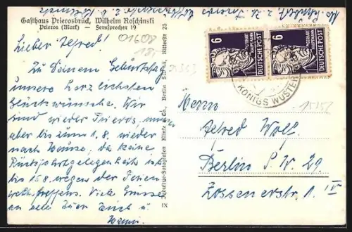 AK Prieros /Mark, Gasthaus Prierosbrück, Inh. Wilhelm Roschinski