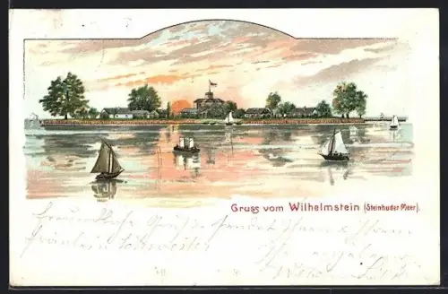 Lithographie Wilhelmstein /Steinhuder Meer, Segelboote bei Sonnenuntergang