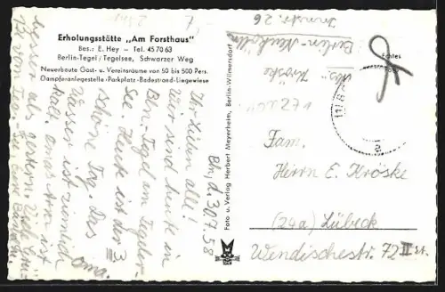 AK Berlin-Tegel, Restaurant Am Forsthaus, Bes. E. Hey, Seeansicht, Wildgehege