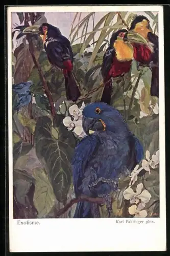 Künstler-AK Papageien auf Ästen