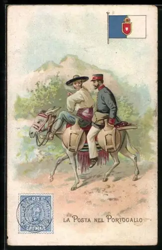 AK Portugal, Briefbeförderung mit einem Esel, Postbote, Briefmarke, Fahne