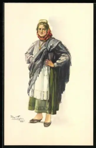 Künstler-AK portugiesische Dame im Trachtenkleid und Kopftuch
