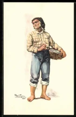 Künstler-AK portugiesischer Fischer raucht Pfeife