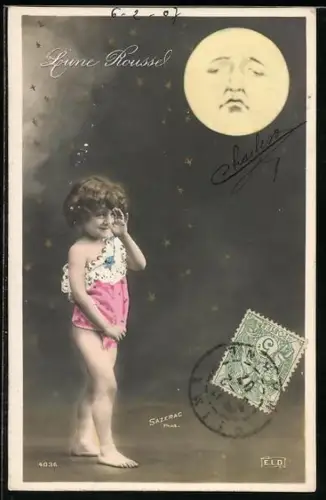 AK Lune Roussel, Kind zeigt lange Nase unterm traurigen Vollmond, Fotomontage