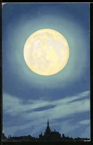 AK Suchbild Frauenkopf im Vollmond über Stadt-Silhouette