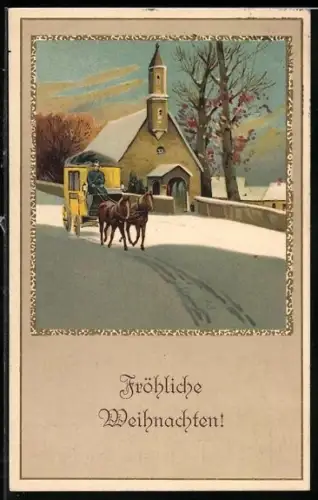 AK Postkutsche im Winter fährt an Kirche vorbei