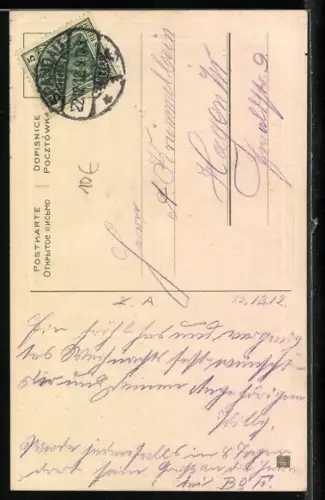 AK Postkutsche im Winter fährt an Kirche vorbei