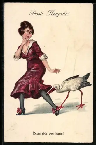 AK Storch beisst Frau ins Bein, Neujahrsgruss