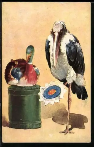 Künstler-AK Marabu und Ente als Gratulanten