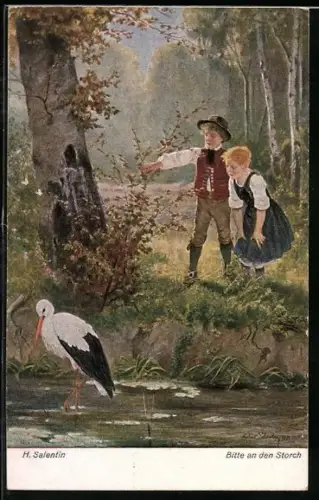 AK Bitte an den Storch, zwei Kinder sehen einen Storch