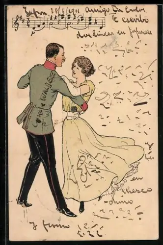 AK Offizier tanzt mit einer Dame