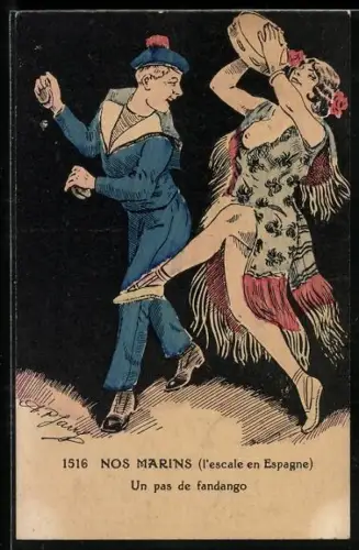 AK Matrose tanzt mit einer halbnackten Frau den Fandango