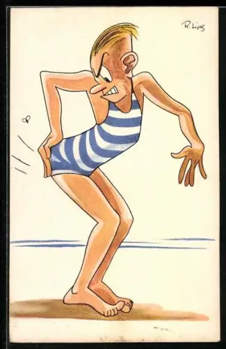 AK Mann im Badeanzug wird gestochen