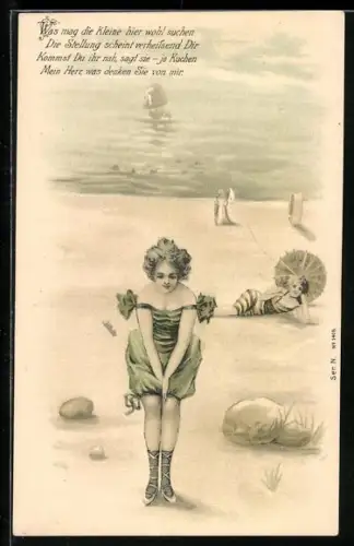 AK Dame im Badeanzug am Strand