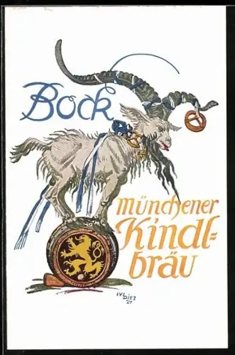 AK München, Münchner Kindlbräu, Bock auf einem Fass, Brauerei-Werbung