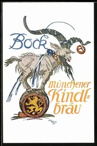 AK München, Münchner Kindlbräu, Bock auf einem Fass, Brauerei-Werbung